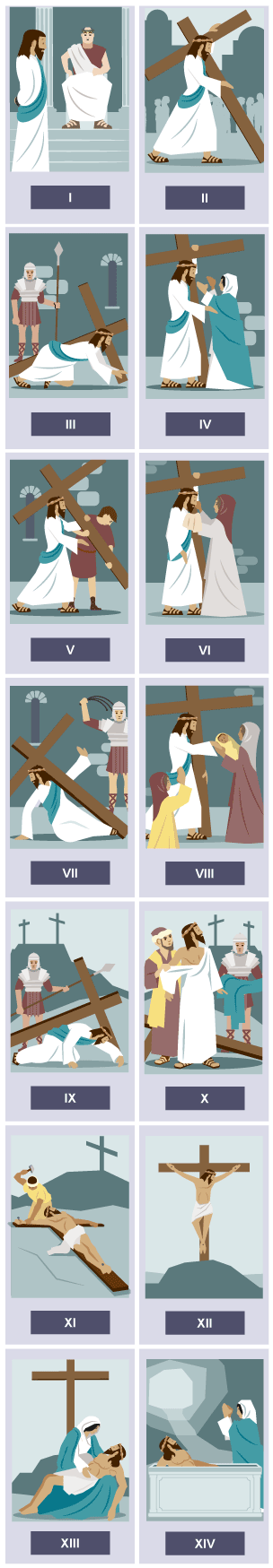 Illustrations of the 14 Stations of the Cross.