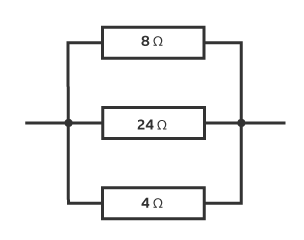 Three resistors in parallel (one beneath the other joined in a circuit) labelled from top to bottom 8 Ohms (Ω), 24 Ohms (Ω) and 4 Ohms (Ω) for calculating resistance.