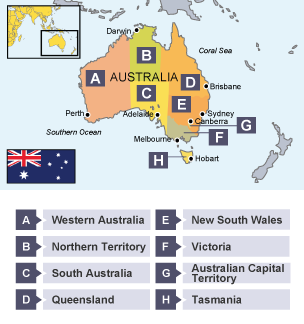 Map of Australia and it's different territory's and cities