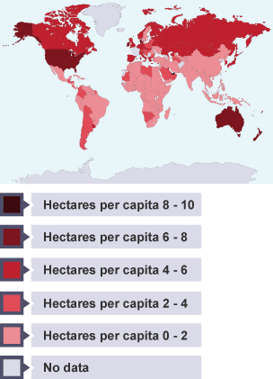 Map showing the ecological footprints of different countries. The highest are some of the arab nations, North America, Australia and Western Europe.