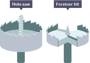 A hole saw and a forstner bit alongside each other - the hole saw has a longer centre piece and completed saw ring whereas the forstner bit is shorter with gaps.
