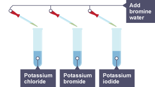 Test tubes containing potassium chloride, potassium bromide and potassium iodide. Each tube has a pipette above it containing bromine water.