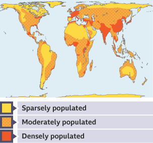 A Peters projection choropleth world map with shaded areas representing density of population