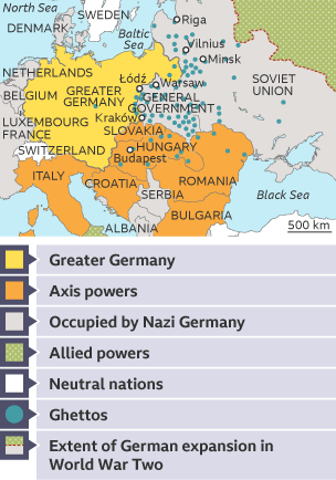 A map to show the locations of ghettos across Europe. There are ghettos located in Greater Germany, General Government, the Soviet Union, Hungary and Romania.