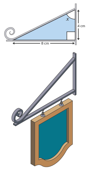 A graphical representation of an 8cm x 4 cm metal bracket for a shop sign alongside the metal bracket in context.