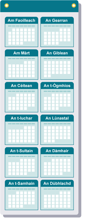 An illustration of a calendar displaying the months of the year in Gaelic