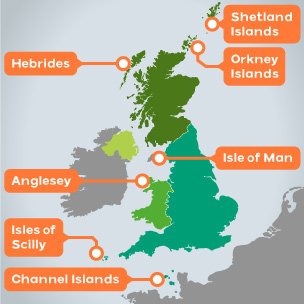 Map of islands around the UK