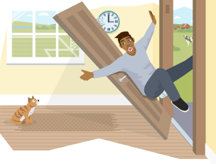 A man falling into a house with the front door.
