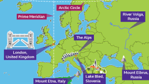 A cartoon map of Europe. The Prime Meridian and Arctic Circle pass through it. Landmarks include Mount Etna, Mount Elbrus, Lake Bled, the Alps and the River Volga.