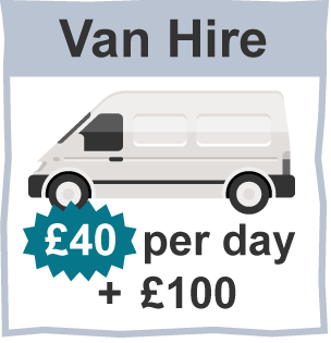 Van hire advert with the text '£40 per day + £100'