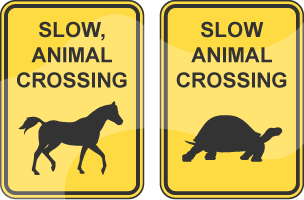 A horse and tortoise appearing under some text as part of two road signs to represent the correct use of commas.