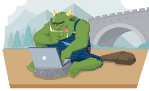 A mischievous and menacing looking troll sat in front of a laptop, to represent online bulling