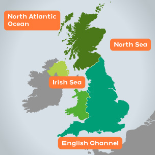 Map of the seas and ocean around the UK - the North Sea, the English Channel, the Irish Sea and the North Atlantic Ocean