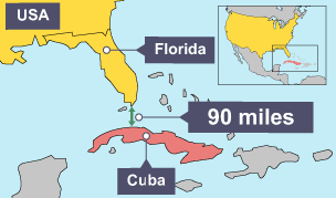 A map of Florida and Cuba, showing there is 90 miles between them.