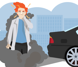 A man holding his mouth and coughing whilst engulfed in the fumes of a car.