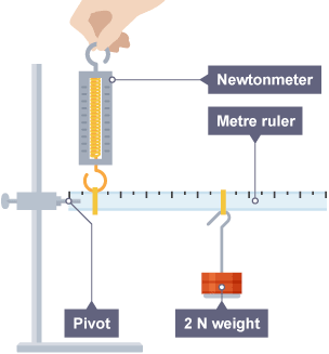 A ruler is clamped with a 2 newton weight on the far end, and a Newton meter attached to the clamped end.