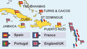A map showing that the UK and France took over many parts of the West Indies from previous Spanish capture