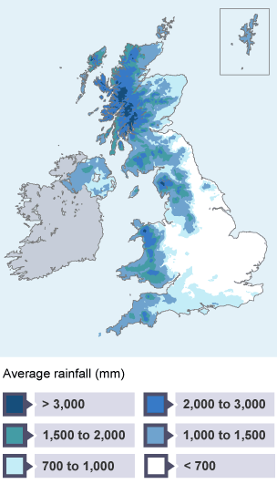 North-west Scotland has the greatest average rainfall, with over 3,000 mm. East England receives the least, with less than 700 mm.