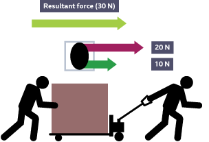 One person pushes, the other pulls a block on wheels. Three arrows point forwards. Longest arrow labelled Resultant force 30 N. Medium length arrow labelled 20 N. Shortest arrow labelled 10 N. 