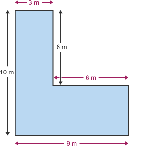 Siâp L ag ochrau 10 m, 3 m, 6 m, 6 m, a 9 m