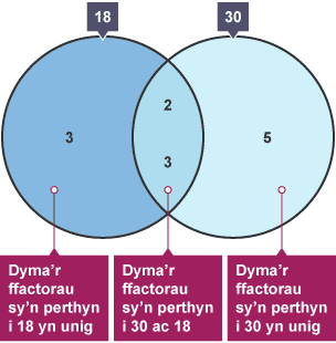 Diagram Venn gyda dau gylch yn gorgyffwrdd. Maen nhw’n dangos ffactorau 18, 30 a’r ddau.