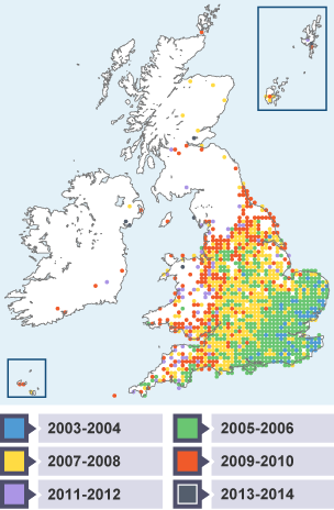 Map showing the spread of the harlequin ladybird across the UK from 2003 to 2014
