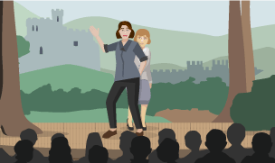 Clirio - Dau gymeriad ar y llwyfan, un yn cuddio'r llall rhag y gynulleidfa