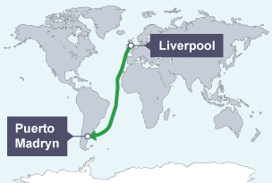 Map of the world showing the route travelled by the Mimosa from Liverpool to Puerto Madryn.