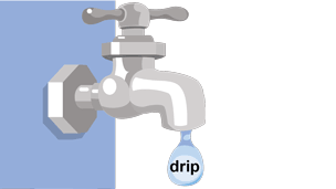A tap dripping, with the word 'drip' inscribed on the drop of water
