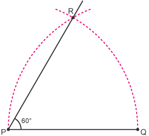 Two lines forming angle RPQ which is labelled 60°. There is an arc at point R.