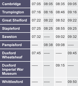 Example of a bus timetable, from Cambridge to Whittlesford