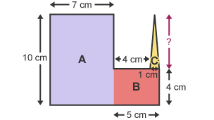 A composite shape. The shape has been divided into two rectangles, labelled ‘A’ and ‘B’, and a triangle, labelled ‘C’. The base of triangle C is 1 cm, the height is unknown