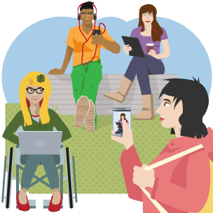 Teenagers using different mobile devices outdoors.