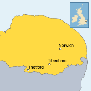 Tibenham is southwest of Norwich and northeast of Thetford on the east coast of England.