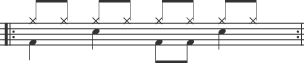 Sheet music for a simple drum beat. F space C space F F C space. Every two beats have two 'X' notes above music.