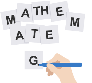 Diagram yn dangos ysgrifennu llythrennau Mathemateg ar gardiau ar wahân