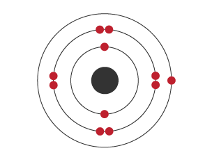 a central black nucleus with three concentric circles representing shells. There are 2 electrons on the first shell, 8 on the second and 1 on the third