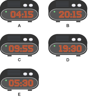 Digital clocks displaying the time and labelled with letters: A 04:15; B 20:15; C 09:55; D 19:30; E 05:30