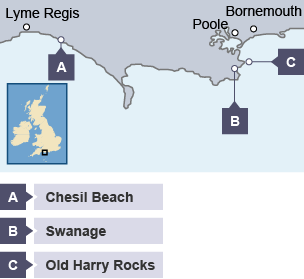 Old Harry Rocks is between Swanage and Bournemouth, on the south coast of England. Chesil Beach is east of Lyme Regis.