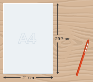 Darn o bapur A4 yn mesur 21 cm wrth 29.7 cm