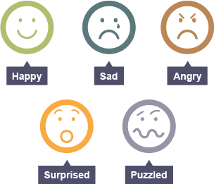 5 icons to display different emotions: Happy, Sad, Angry, Surprised, Puzzled