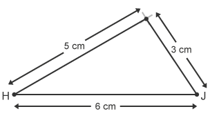 Triongl gyda’r ochr hiraf HJ wedi ei labelu 6 cm, ochr wedi ei labelu 5 cm ac ochr wedi ei labelu 3 cm