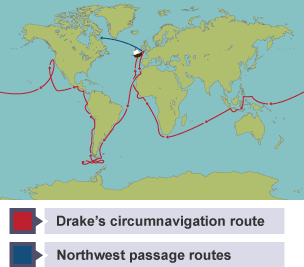 Map detailing Drake's circumnavigation, and the desire to find the North West passage