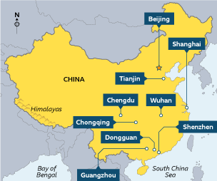 Map of China showing the Himalayas, Bay of Bengal and South China Sea. Shows cities such as Beijing (capital), Tianjin, Chengdu, Chongqing, Dongguan, Guangzou, Wuhan, Shanghai, Shenzhen and Hong Kong