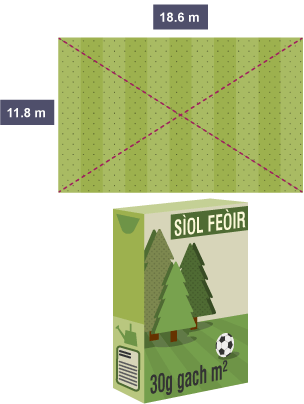A plot of land 18.6 m x 11.8 m with intersecting diagonal lines and a box of grass seeds 30g per m2