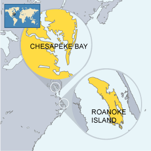 Map showing location of Chesapeke Bay and Roanoke Island