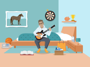 Boy in bedroom playing the guitar with a picture of a horse on the wall.