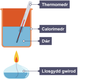 Cyfarpar calorimedreg: calorimedr yn cynnwys dŵr a thermomedr uwchben llosgydd gwirod