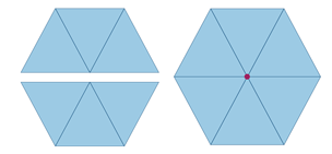 Six identical triangles placed together at a point leaving no gaps.