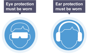 A safety symbol of a man wearing goggles with instructions that eye protection must be worn and of a man wearing ear defenders instructing ear protection must be worn.